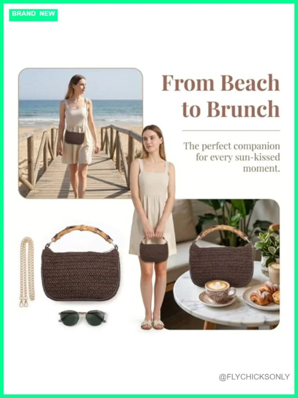 Natural Straw Woven Hobo Clutch with Imitation Bamboo Handle - Picture 5 of 6